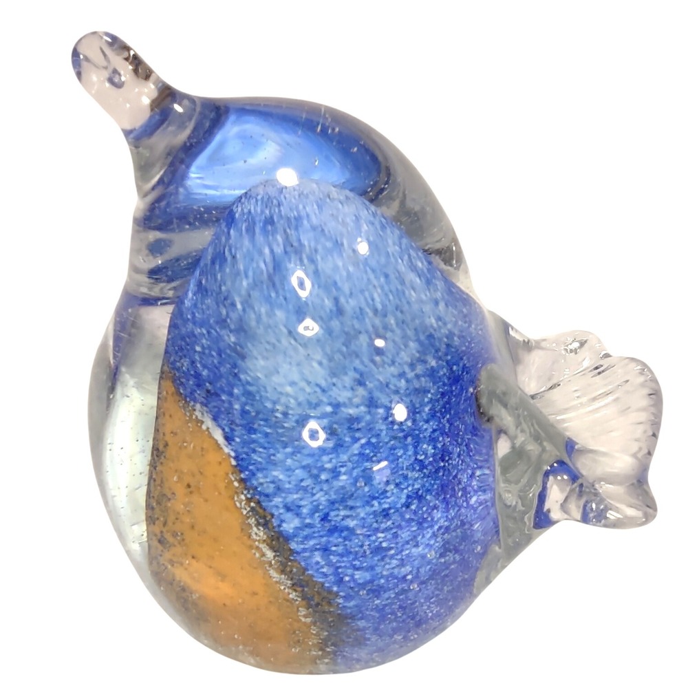Hand Blown Glass Bird Figurine Blue Orange Art Sculpture Paperweight Collectible